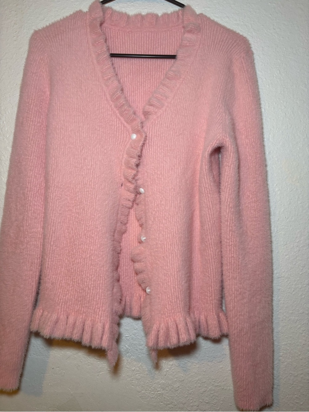 Pink Ruffle-Trim V-Neck Sweater Cardigan